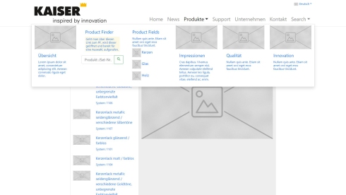 3. Aufgeklapptes „Mega-Drop-Down-Menü“ Prototyp Wireframe für Kaiser Lacke– Version 3