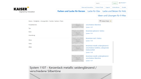 4. Variante für einen Produkt-Finder, bei dem die Suchergebnisse gleich und exklusiv im Finder angezeigt werden – eine Lösung, die mit Inhalten in kompletter Layout-Breite funktioniert. Prototyp Wireframe für Kaiser Lacke – Version 4