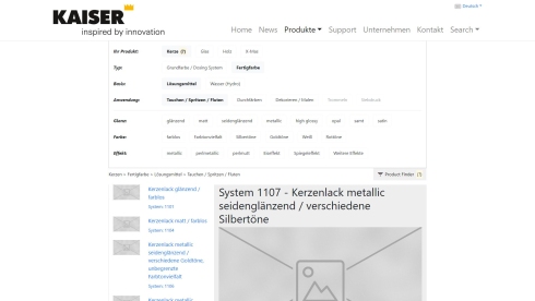 5. Variante des Produkt-Finders, bei der die Suchergebnisse in einer Seitenspalte zu den Inhalten angezeigt werden, ähnlich einer Unter-Navigation. Prototyp Wireframe für Kaiser Lacke – Version 5