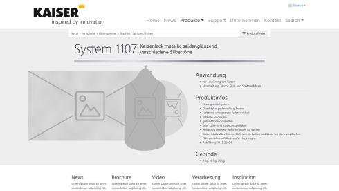 6. Variante der Produktseite mit einem technisch weniger anspruchsvollen Layout – schnell implementierbar, jedoch mit schwächerer visueller Wirkung. Prototyp Wireframe für Kaiser Lacke – Version 6