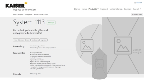 7. Variante der Produktseite, ausgelegt auf maximale Breite im Browser-Fenster und somit große Abbildungen – aufwendiger hinsichtlich des reponsiven Verhaltens, jedoch mit stärkerer visueller Wirkung. Prototyp Wireframe für Kaiser Lacke – Version 7