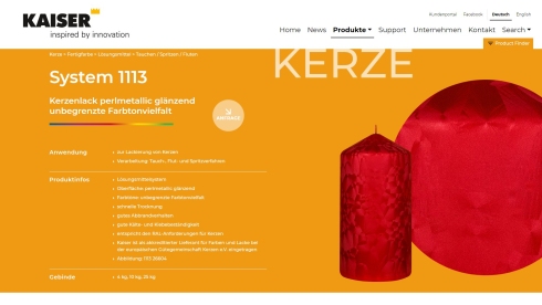 9. Prototyp (Ausschnitt) der Produktseite: Im Unterschied zum vorherigen Wireframe wurden die Abbildungen auf die absolut notwendige Anzahl reduziert. Die finale Ausarbeitung dann mittels Screendesigns, die in Grafikprogrammen gestaltet wurden. Prototyp Wireframe für Kaiser Lacke – Version 9