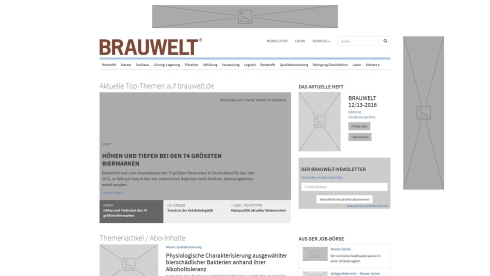 2. Nach der Finalisierung des Layouts fuhren wir mit der Schriftgestaltung und der Ausbalancierung verschiedener Elemente hinsichtlich Größe und Abstände zueinander fort. Da dies weiterhin in HTML und CSS erfolgte, war zu jeder Zeit das „Erleben“ (Look and Feel) im Browser gegeben. Prototyp Wireframe für Brauwelt – Version 2