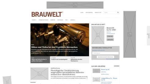3. Mit der visuellen Ausgestaltung – hier stark angelehnt an das gedruckte Magazin „Brauwelt“ – entsteht nun der Prototyp der Website. Prototyp Wireframe für Brauwelt – Version 3