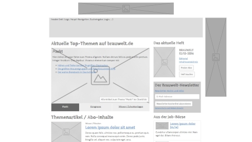 1. Im ersten Schritt wurden das allgemeine und das Startseiten-Layout als Wireframe entwickelt. Da detaillierte Vorgaben vorlagen und die weitere Frontend-Programmierung beauftragt war, wurde das Wireframe auch gleich in HTML und CSS mit dem Framework „Bootstrap“ umgesetzt. Prototyp Wireframe für Brauwelt – Version 1