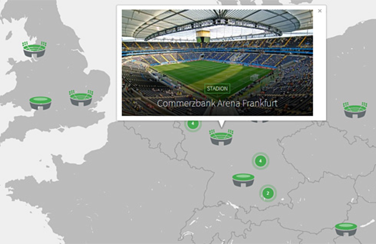 Kreativer Einsatz der Google Maps JavaScript API: Schwarz-Weiß-Optik mit Entschlackung sowie Custom-Icons und Marker-Cluster für die Projektübersicht bei vision4venue.com