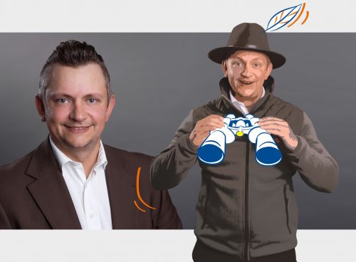 Porträts der Mitarbeiter mit illustrierten Comic-Elementen