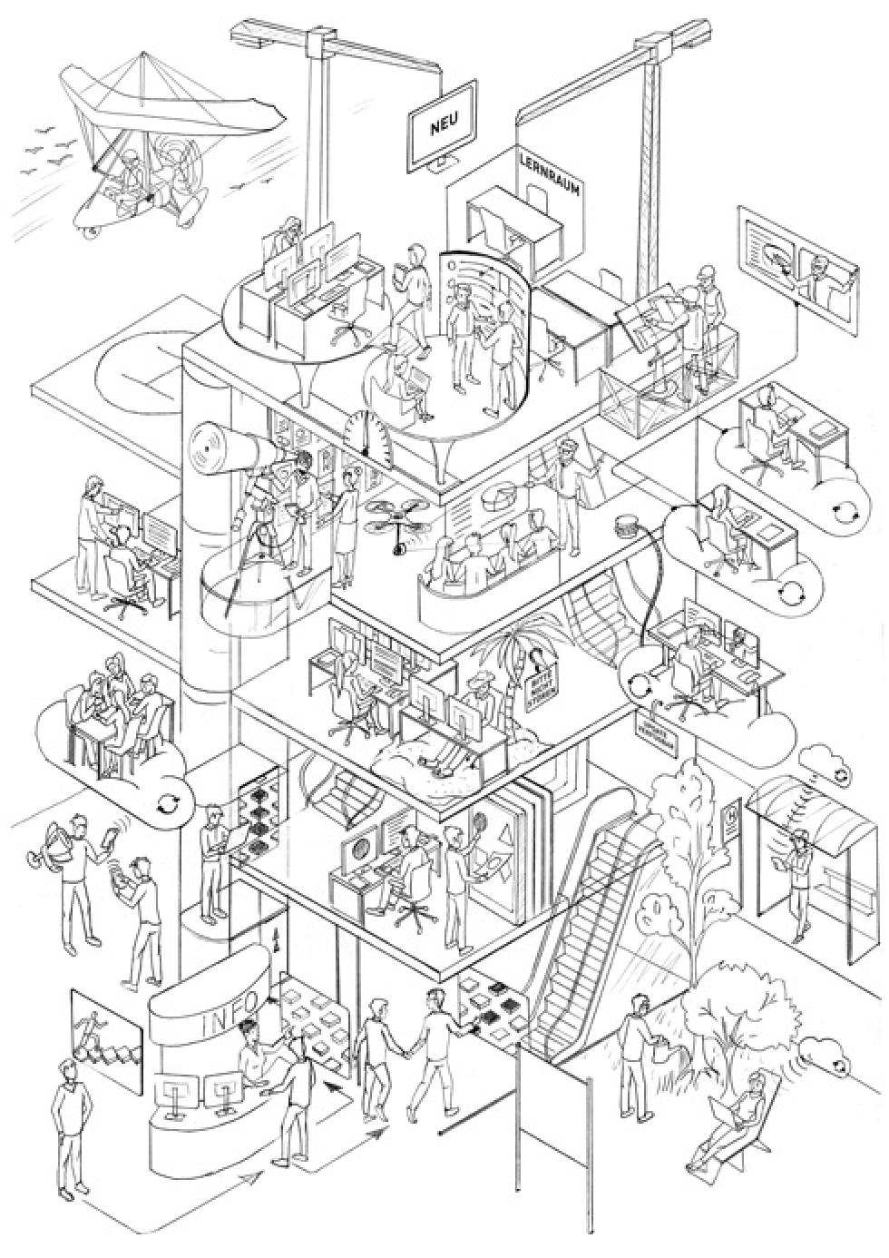 Unsere ausgearbeiteten Skizzen zur Visualisierung der Gesamtszenerie des späteren Dialogbilds. Unsere ausgearbeiteten Skizzen zur Visualisierung der Gesamtszenerie des späteren Dialogbilds.