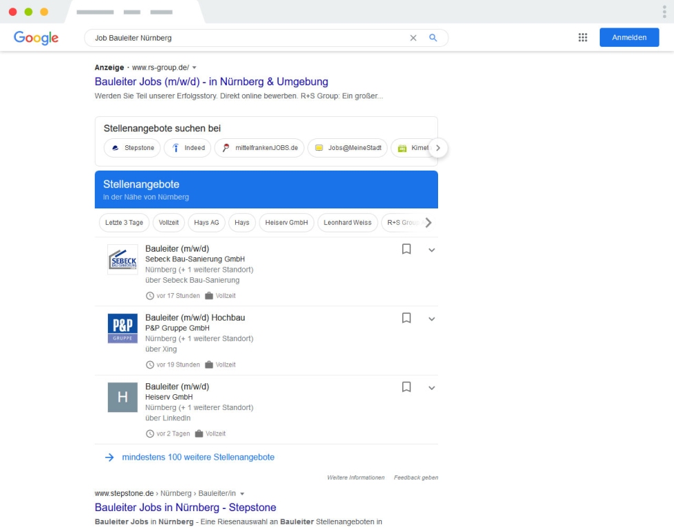 Darstellung des Google-for-Jobs-Abschnitts in der bekannten Google-Suche