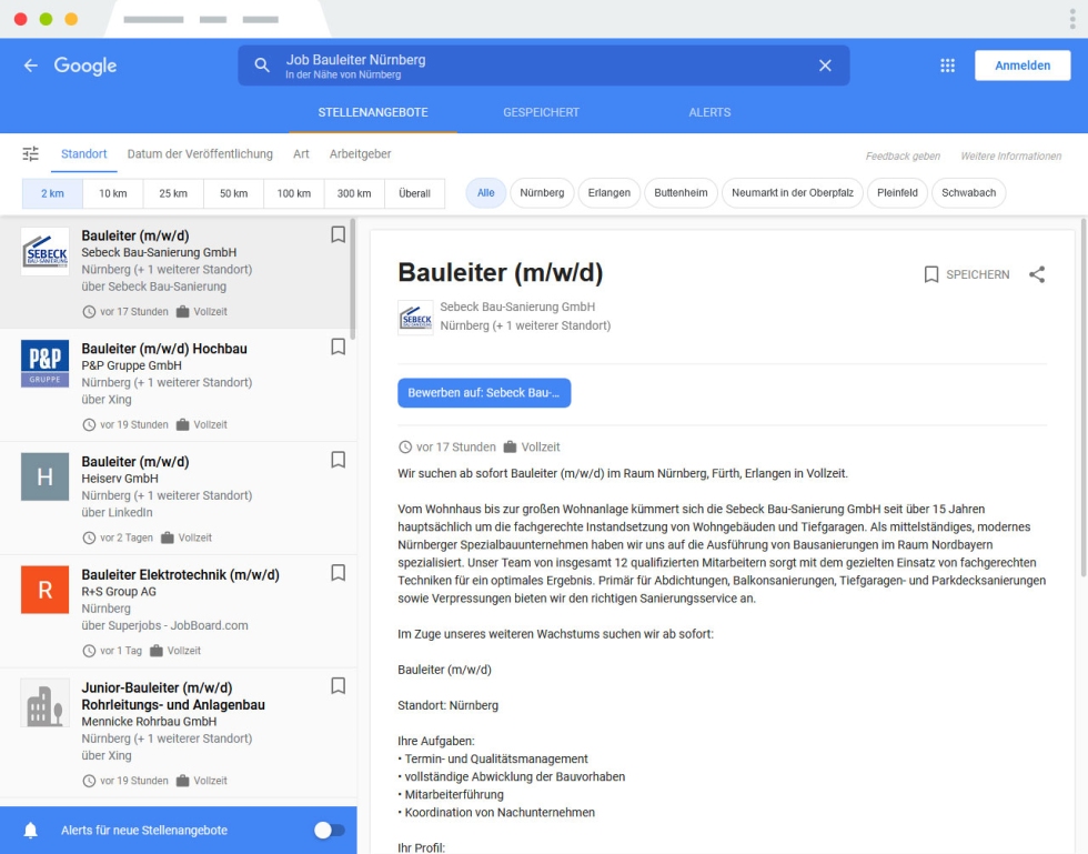 Detailansicht des Stellenangebots innerhalb von Google for Jobs