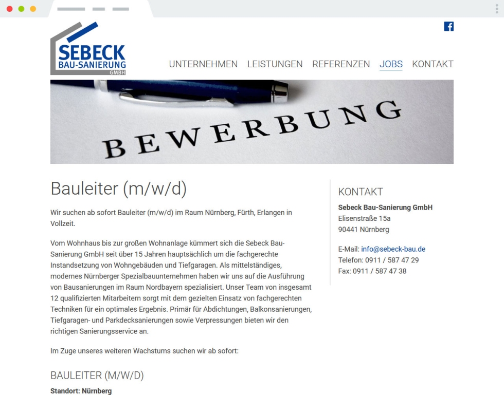 Stellenangebot auf der Website von Sebeck Stellenangebot auf der Website von Sebeck
