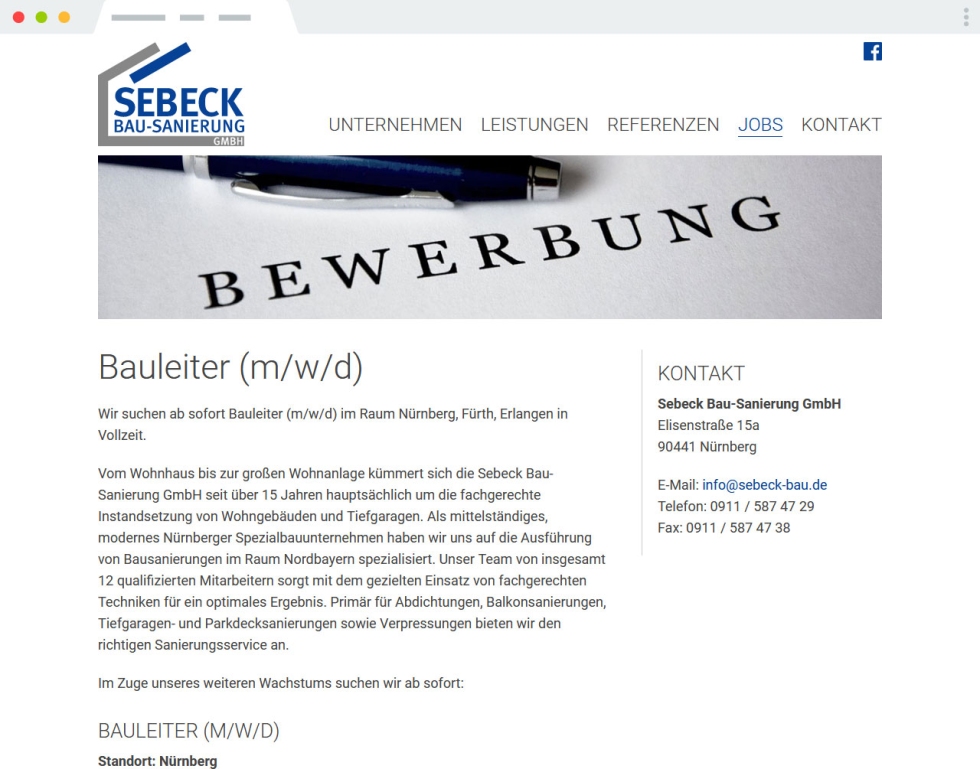 Stellenangebot auf der Website von Sebeck