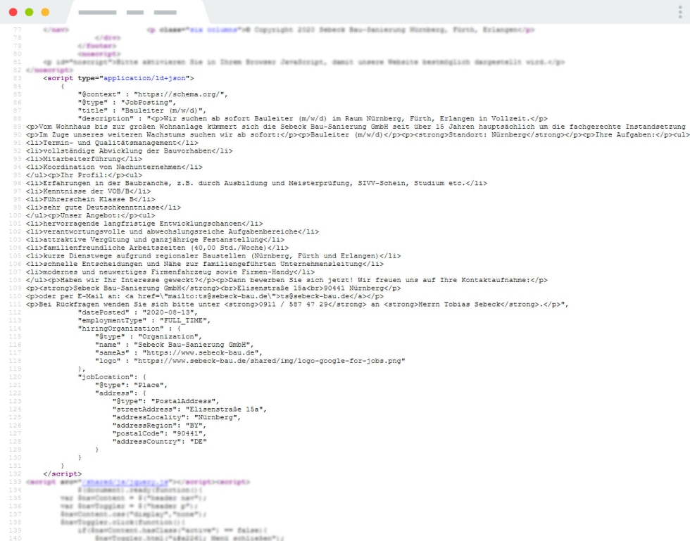 Im Quellcode sind die strukturierten Daten enthalten und bereit für die Übertragung zu Google Im Quellcode sind die strukturierten Daten enthalten und bereit für die Übertragung zu Google