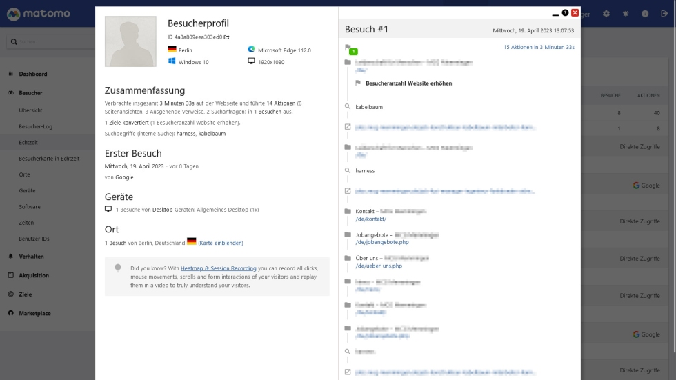 Anzeige eines einzelnen Nutzers samt Klickpfad oder Suchbegriffe Anzeige eines einzelnen Nutzers samt Klickpfad oder Suchbegriffe