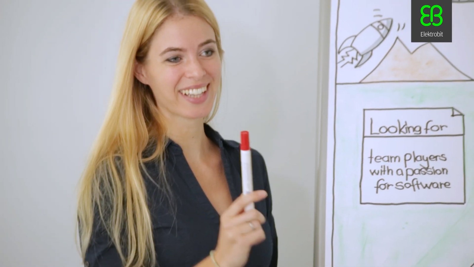 Eine Mitarbeiterin während einer Team-Besprechung an einer Flipchart