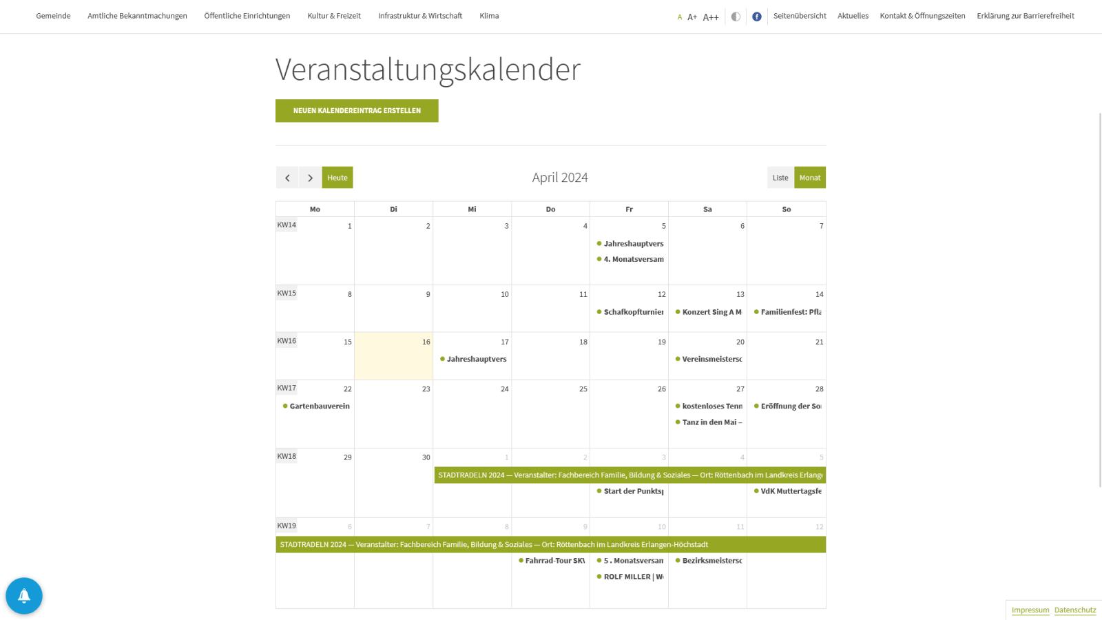 Der Veranstaltungskalender in der Kalender-Ansicht