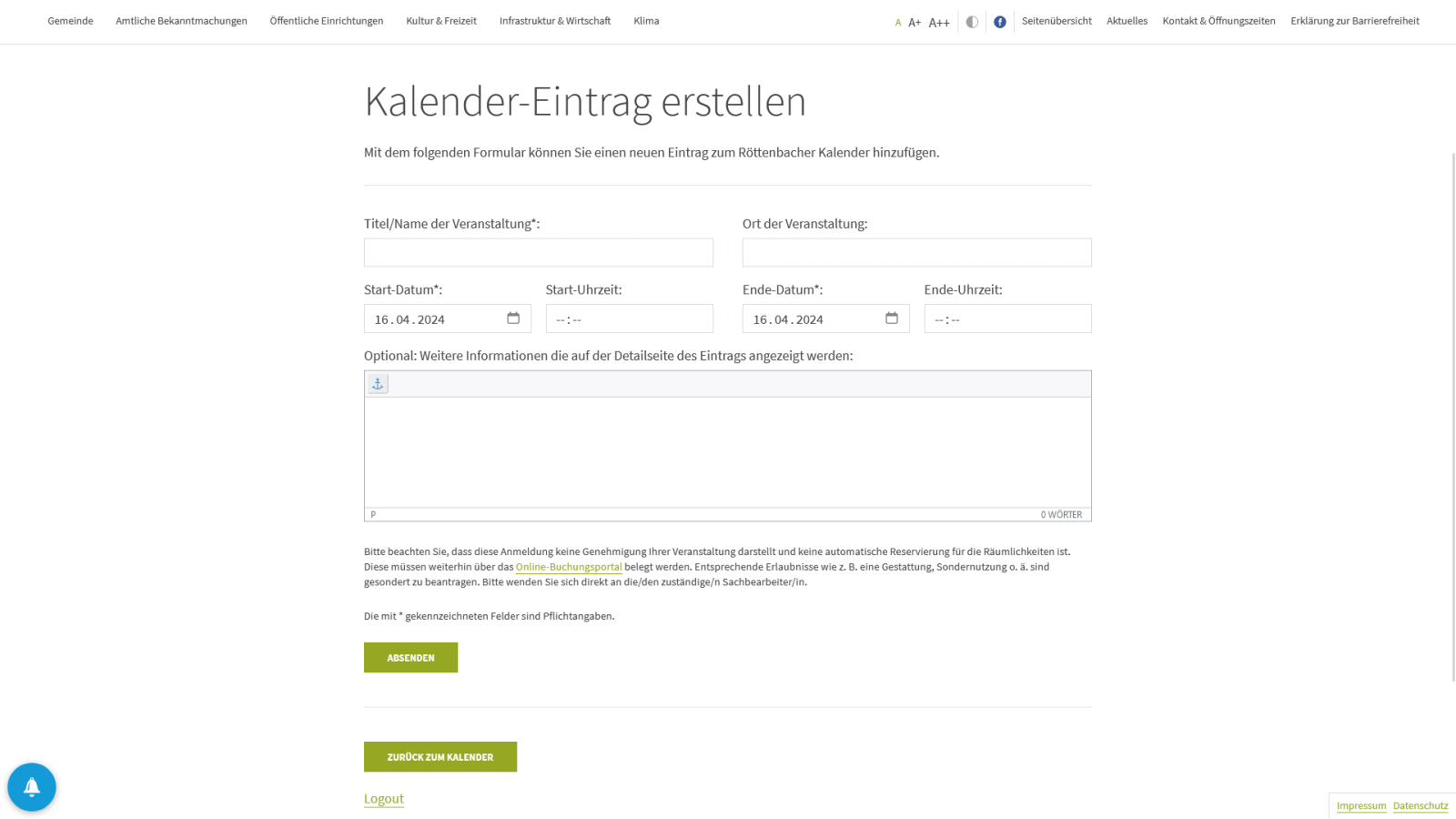 Das Formular zur Erstellung von Kalendereinträgen