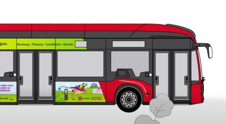Werbung auf einem neuen E-Linienbus der VAG Nürnberg
