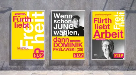 Porträtfotos, Plakate und Folder zum FDP-Motto „Fürth liebt Freiheit“