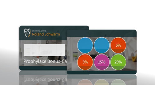 Die Prophylaxe-Bonus-Card greift beispielsweise die bunten Kreise der Webseite auf. Die Prophylaxe-Bonus-Card greift beispielsweise die bunten Kreise der Webseite auf.