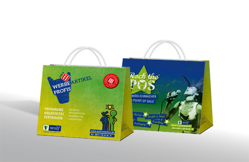 Vollflächig bedruckte Tasche für Geschenke oder Produktmuster Vollflächig bedruckte Tasche für Geschenke oder Produktmuster