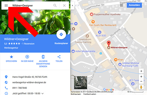 Schritt 1: Sobald der geeignete Karten-Ausschnitt auf Google Maps gefunden ist, klickt man links oben auf das Menü-Symbol. Schritt 1: Sobald der geeignete Karten-Ausschnitt auf Google Maps gefunden ist, klickt man links oben auf das Menü-Symbol.