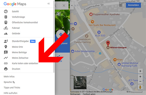 Schritt 2: Nach Klick auf den Punkt „Karte teilen oder einbetten“ öffnet sich ein Pop-up. Schritt 2: Nach Klick auf den Punkt „Karte teilen oder einbetten“ öffnet sich ein Pop-up.