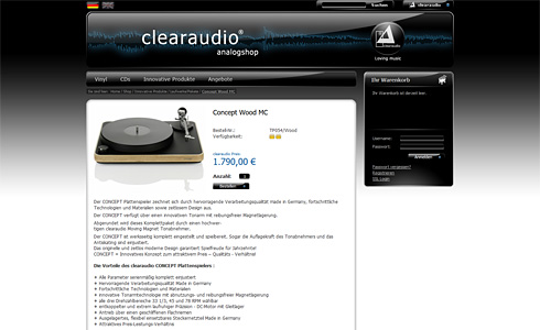 Produktseite alter Onlineshop: Das Produkt verliert sich im Layout, was u. a. auf den hohen Schwarzanteil sowie die unvorteilhaften Schriftproportionen rückzuführen ist. Produktseite alter Onlineshop: Das Produkt verliert sich im Layout, was u. a. auf den hohen Schwarzanteil sowie die unvorteilhaften Schriftproportionen rückzuführen ist.