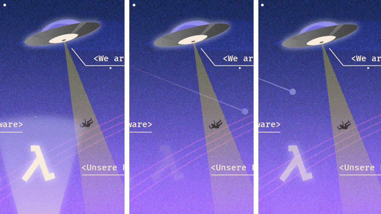 Ebenso sind überall dezente Animationen zu entdecken. Hier schwebt das Ufo, Sternschnuppen fliegen durch und das Lamda-Zeichen flackert. Ebenso sind überall dezente Animationen zu entdecken. Hier schwebt das Ufo, Sternschnuppen fliegen durch und das Lamda-Zeichen flackert.