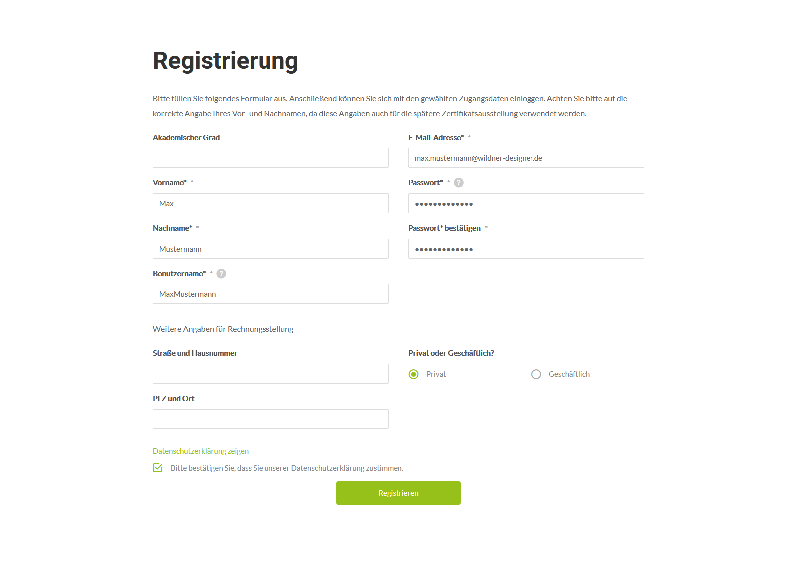 Registrierungsformular mit individuellen Feldern Registrierungsformular mit individuellen Feldern