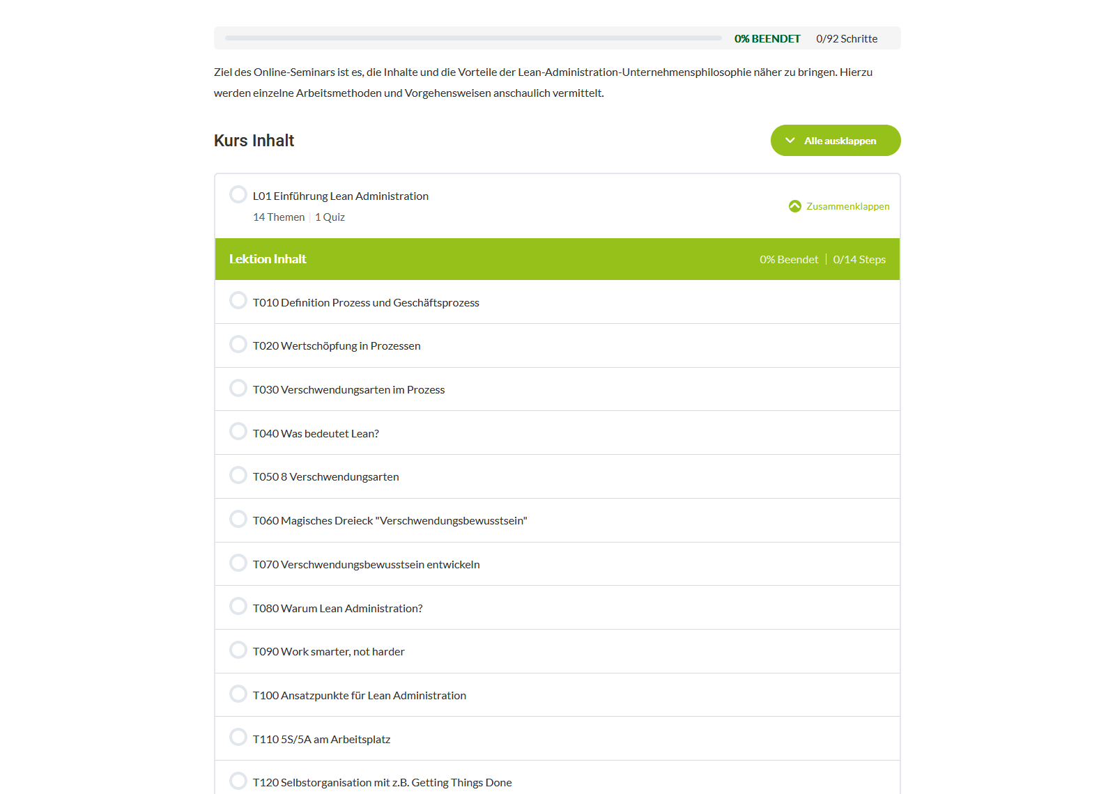 Kurs-Ansicht nach Bezahlung mit Möglichkeit des direkten Lerneinstiegs Kurs-Ansicht nach Bezahlung mit Möglichkeit des direkten Lerneinstiegs
