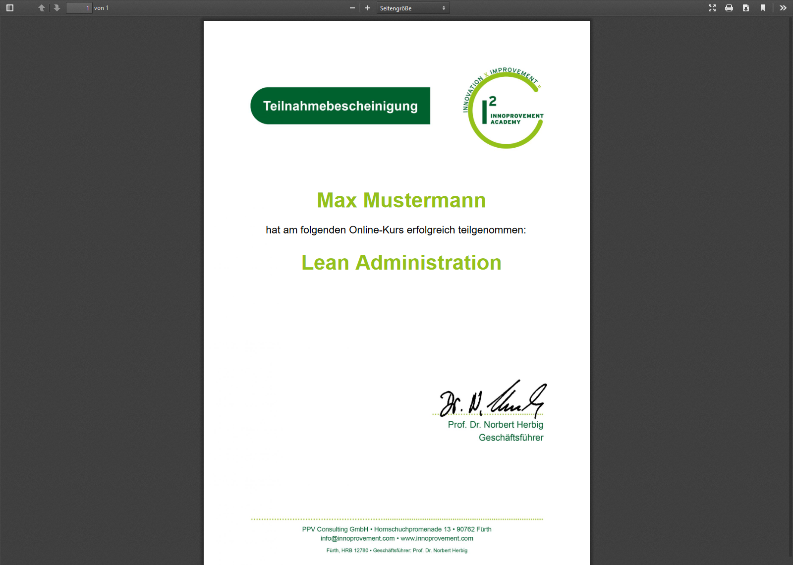 Automatisch erzeugtes PDF-Zertifikat nach Abschluss des Kurses Automatisch erzeugtes PDF-Zertifikat nach Abschluss des Kurses