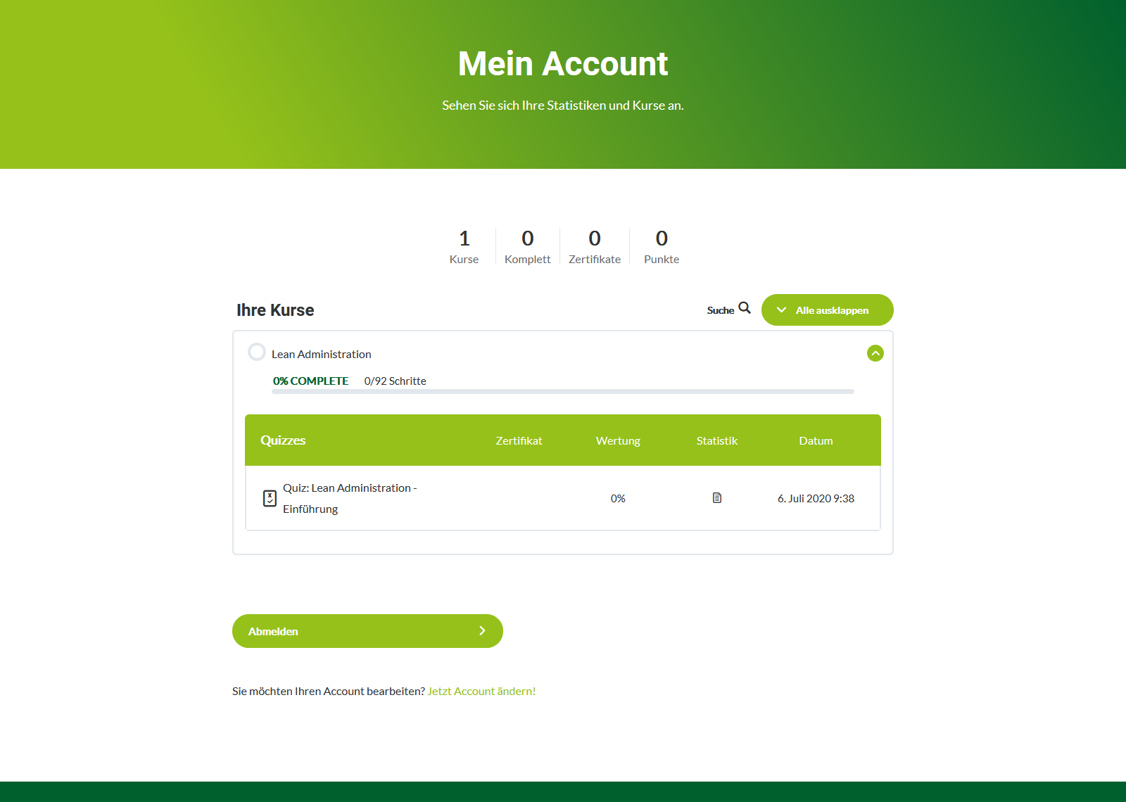 Account-Übersicht mit Kursen und Statistiken Account-Übersicht mit Kursen und Statistiken