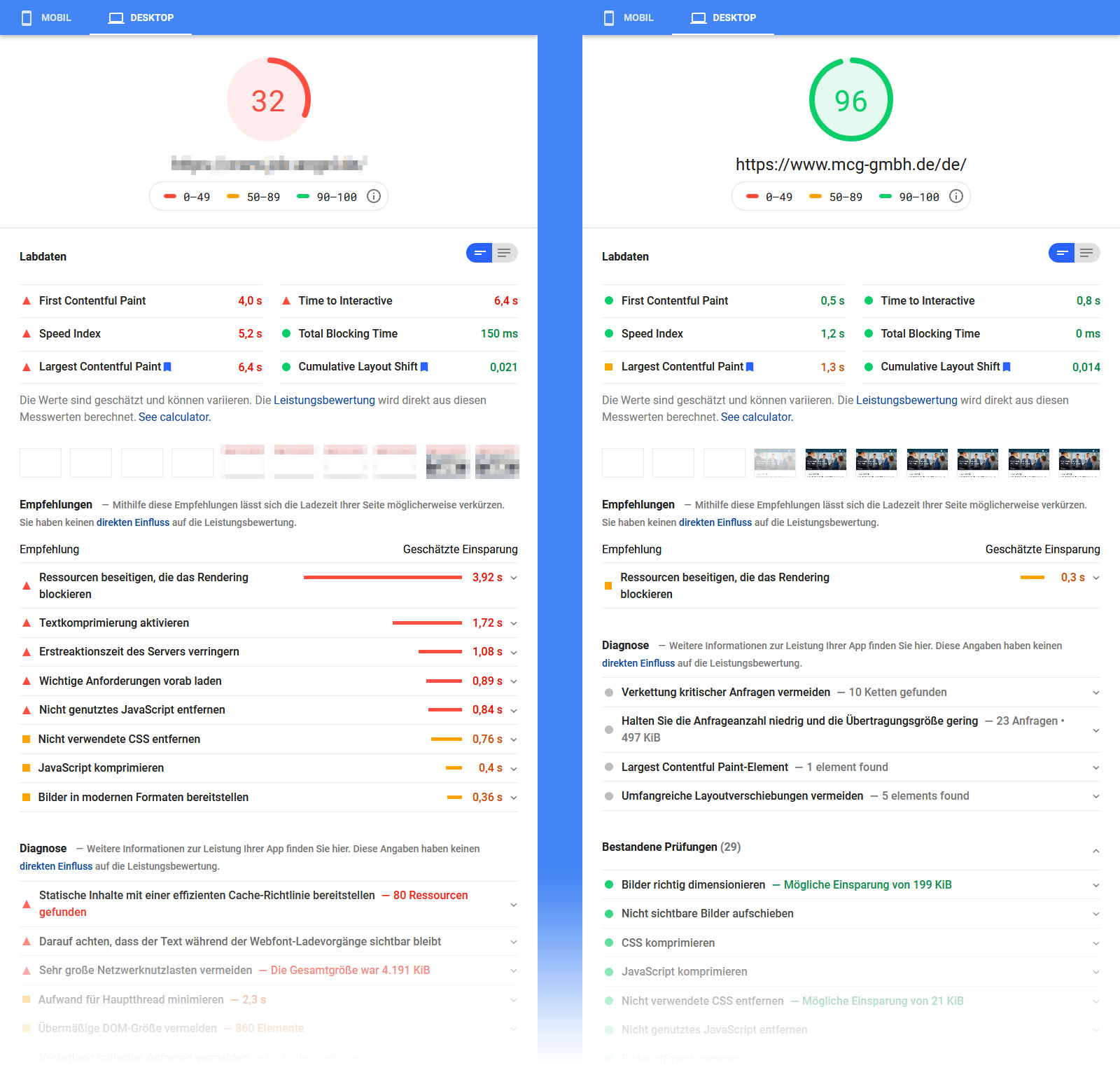 Vergleich der Geschwindigkeit von zwei Webseiten