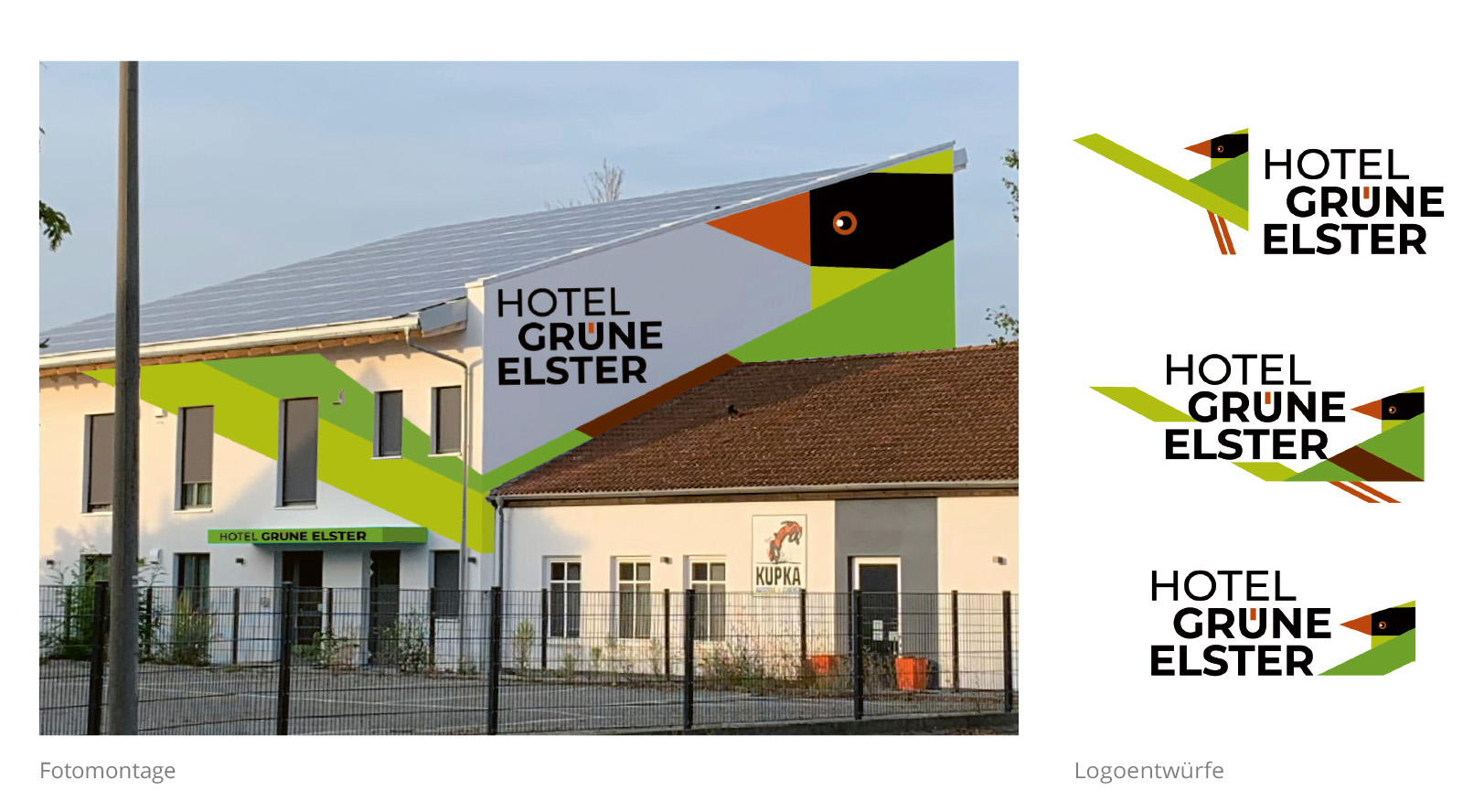 Fassade der grünen Elster – Fotomontage und Logoentwürfe