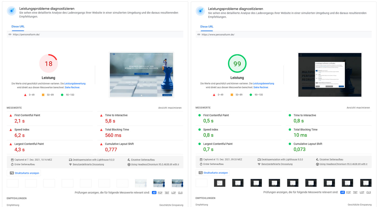 Vergleich Performance mit PageSpeed von WordPress und webEdition