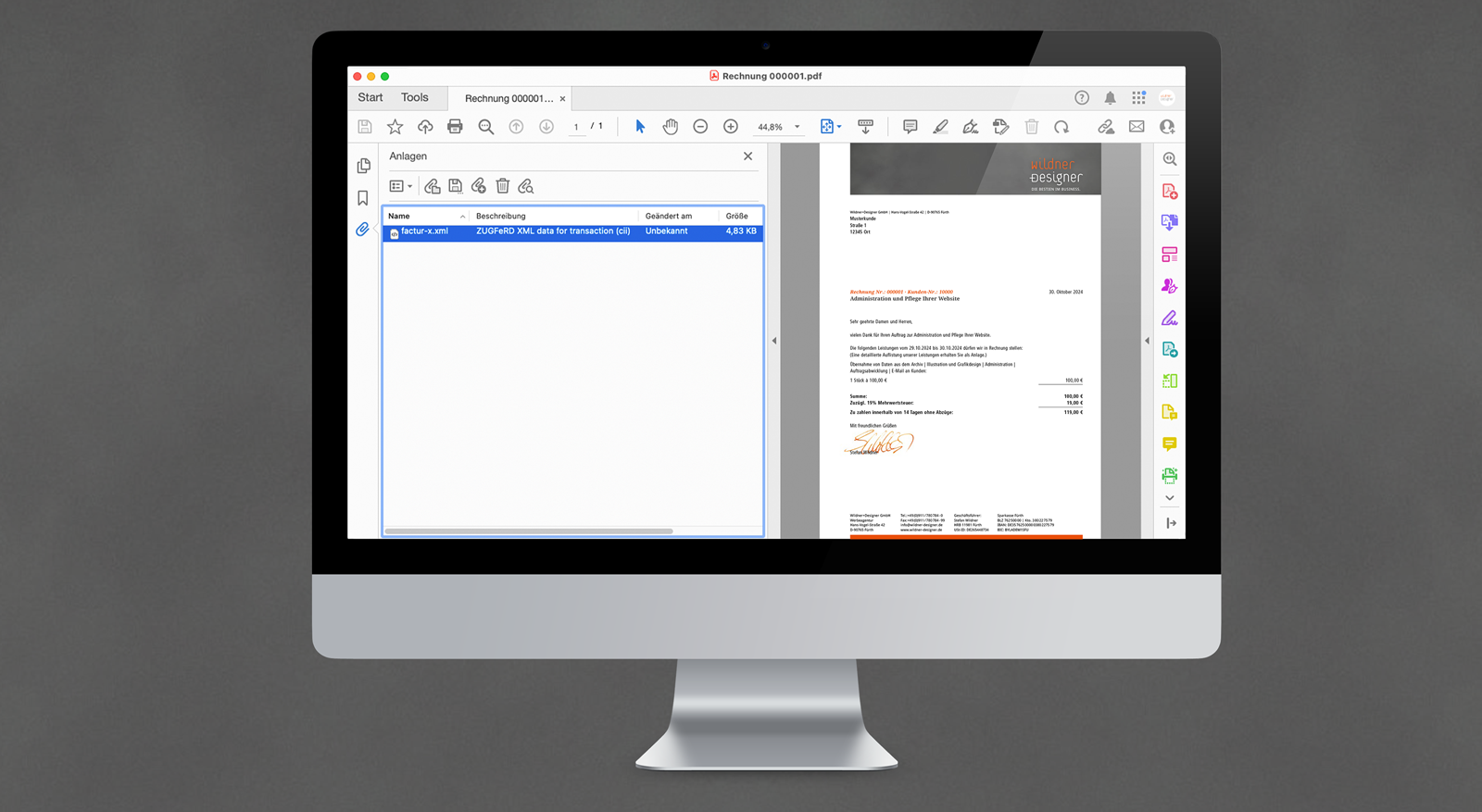 Ansicht des Anhangs einer E-Rechnung nach ZUGFeRD-Vorgaben im Acrobat-Reader