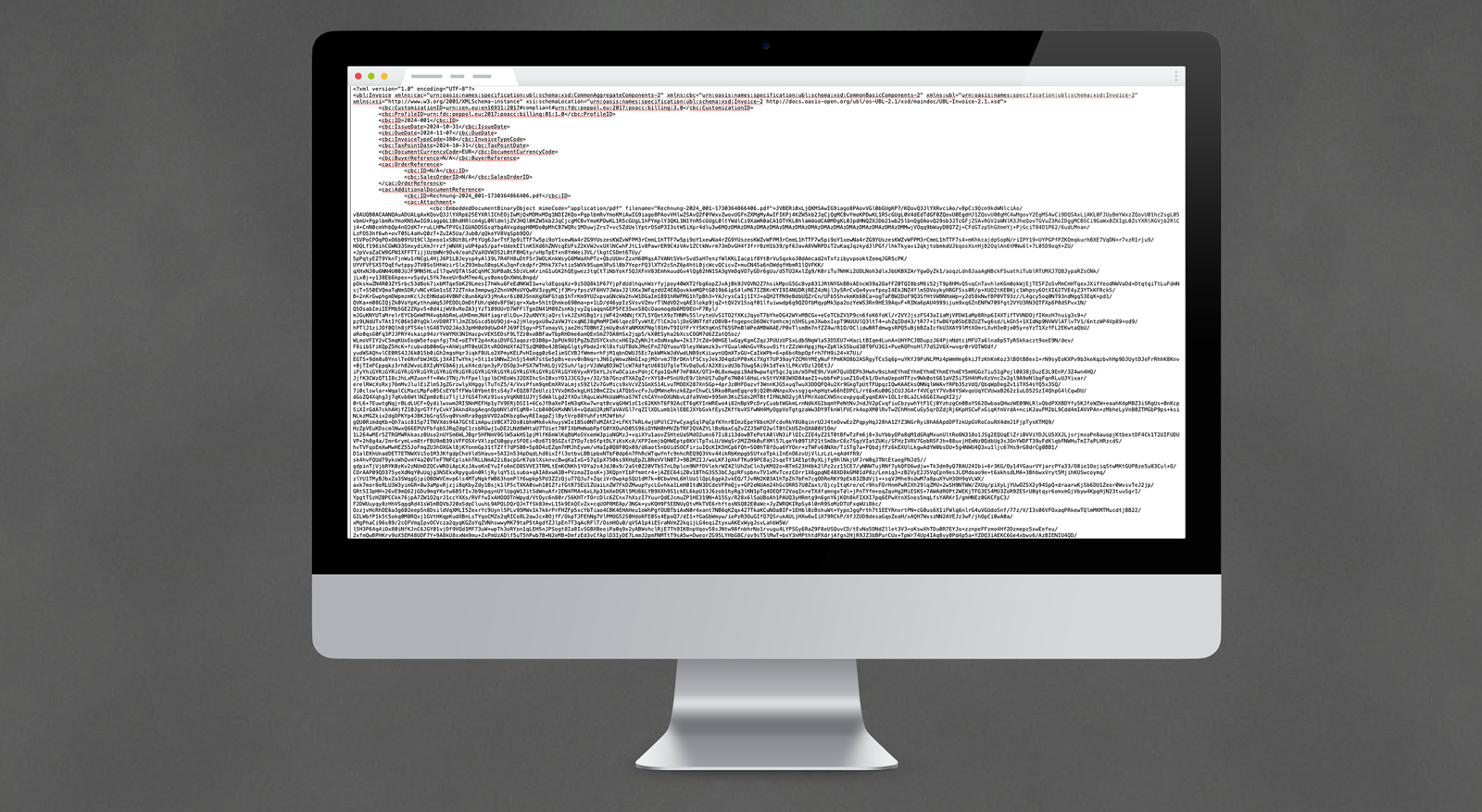 Eine XML-Datei (bzw. XRechnung) geöffnet in einem einfachen Text-Editor